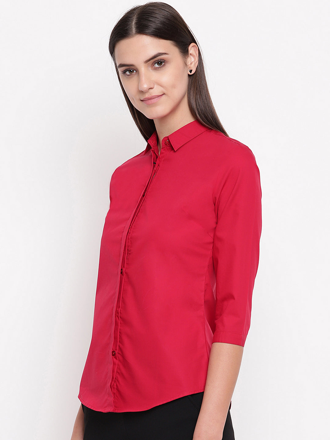 Women Red Pure Cotton Solid Slim Fit Formal Shirt