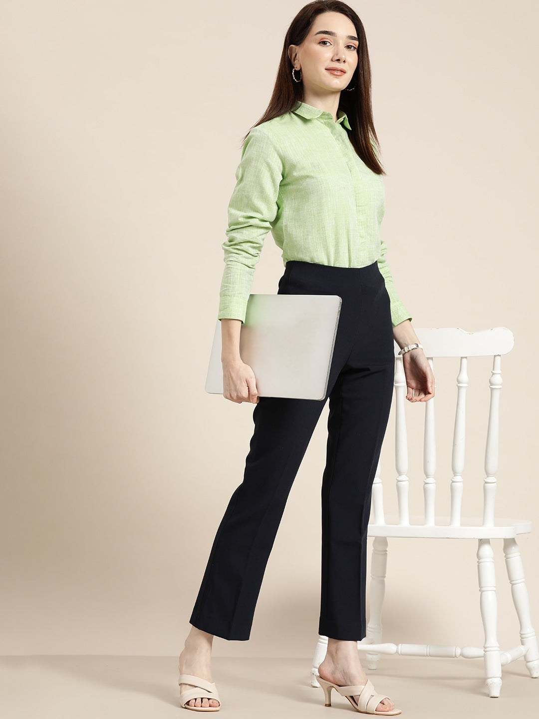 Women Green Solid Linen Cotton Slim Fit Formal Shirt