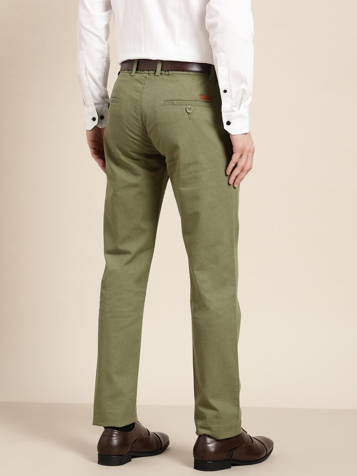 Men Olive Solids Pure Cotton Slim Fit Formal Trouser