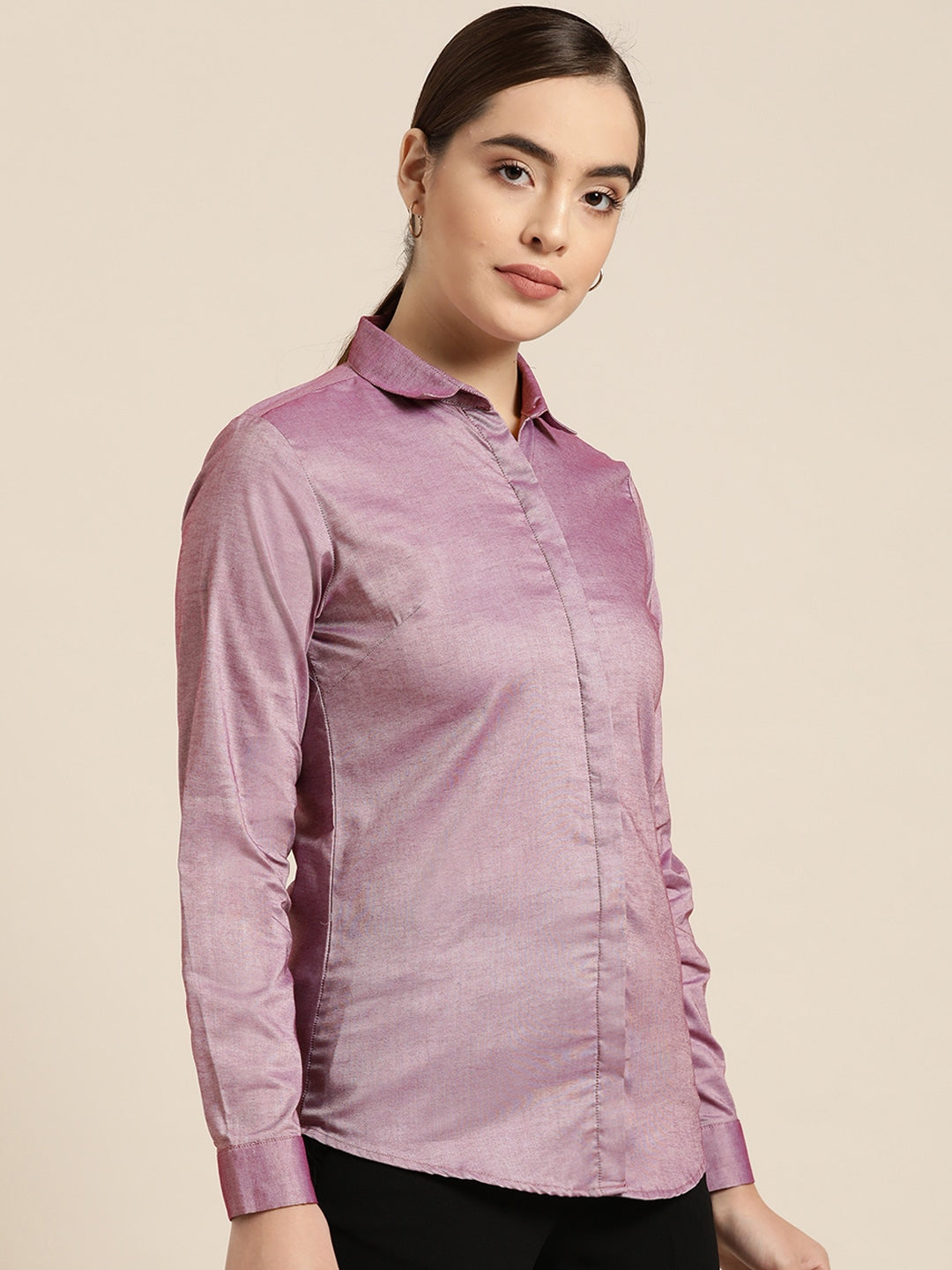 Women Purple Solid Pure Cotton Slim Fit Formal Shirt