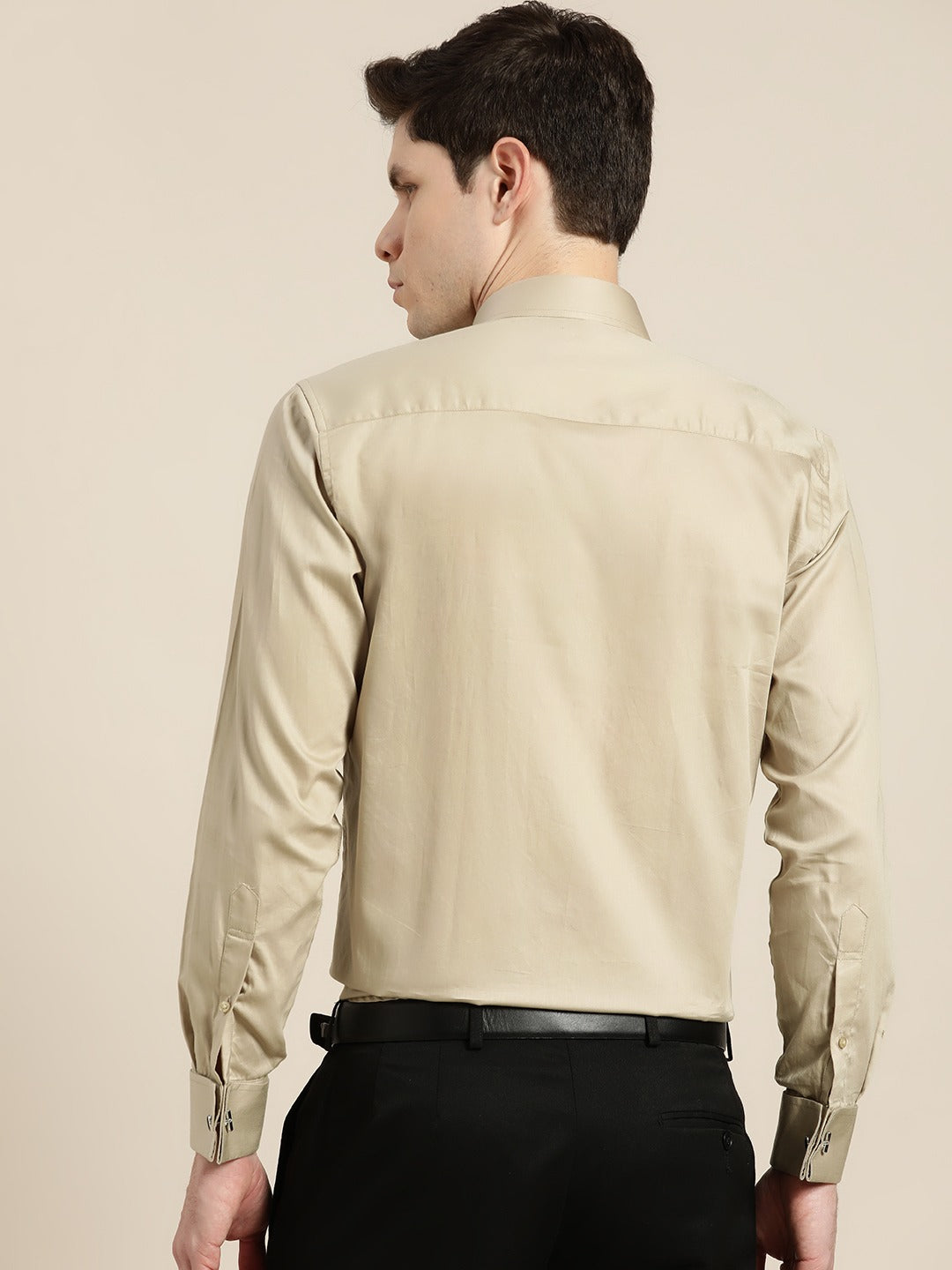 Men Beige Solid Satin French Cuff Pure Cotton Slim Fit Formal Shirt