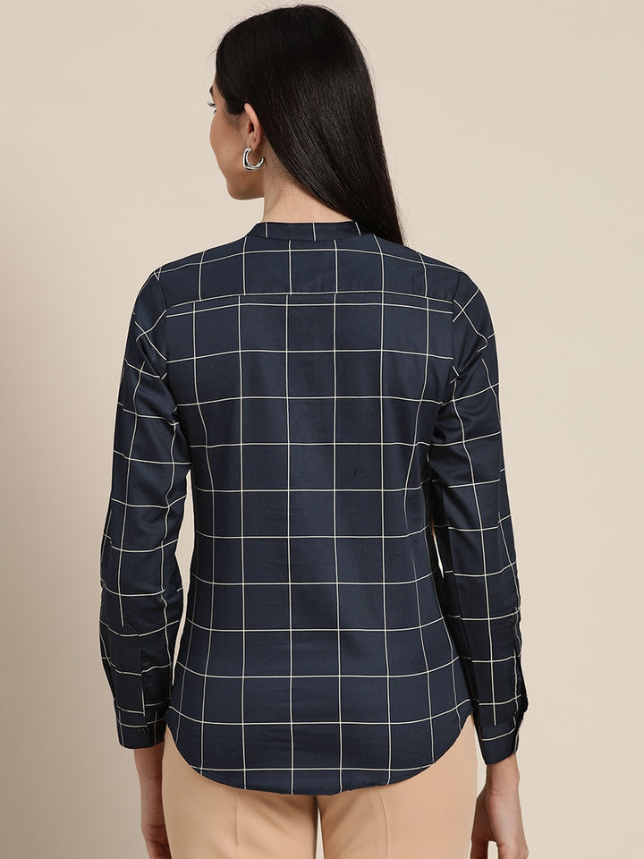 Women Navy Checked Cotton Slim Fit Formal Shirt