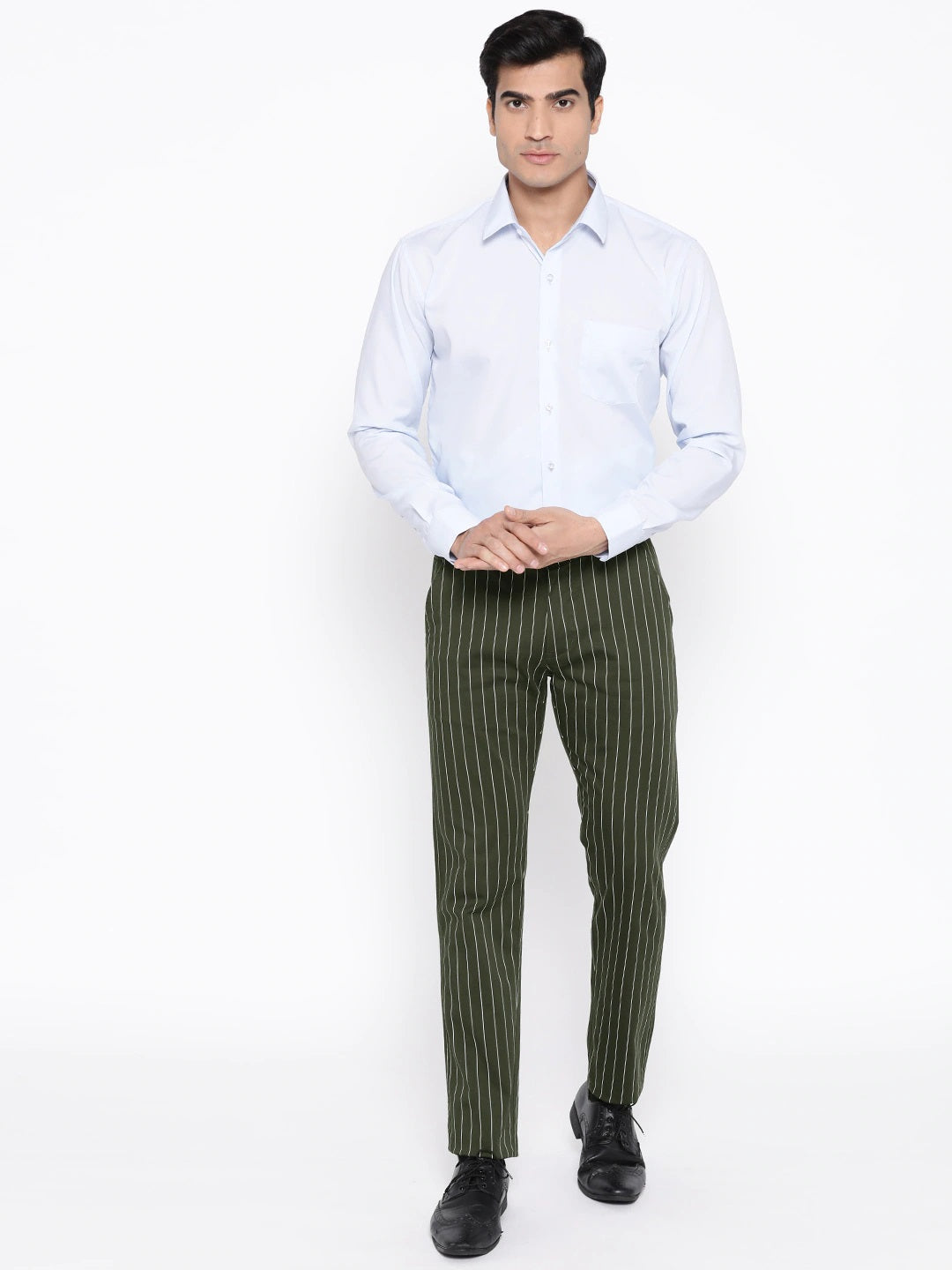 Men Green Striped Cotton Stretch Slim Fit Formal Trouser