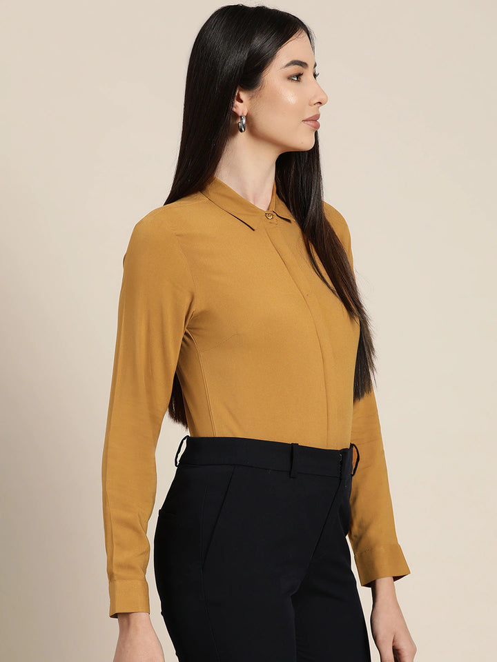 Women Mustard Solids Viscose Rayon Slim Fit Formal Shirt