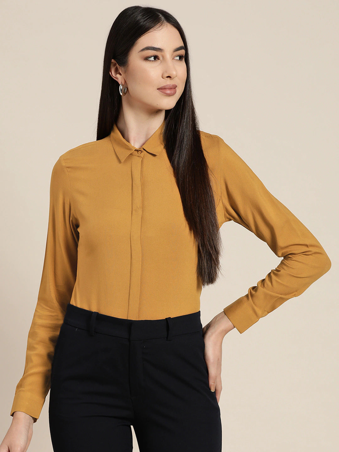 Women Mustard Solids Viscose Rayon Slim Fit Formal Shirt