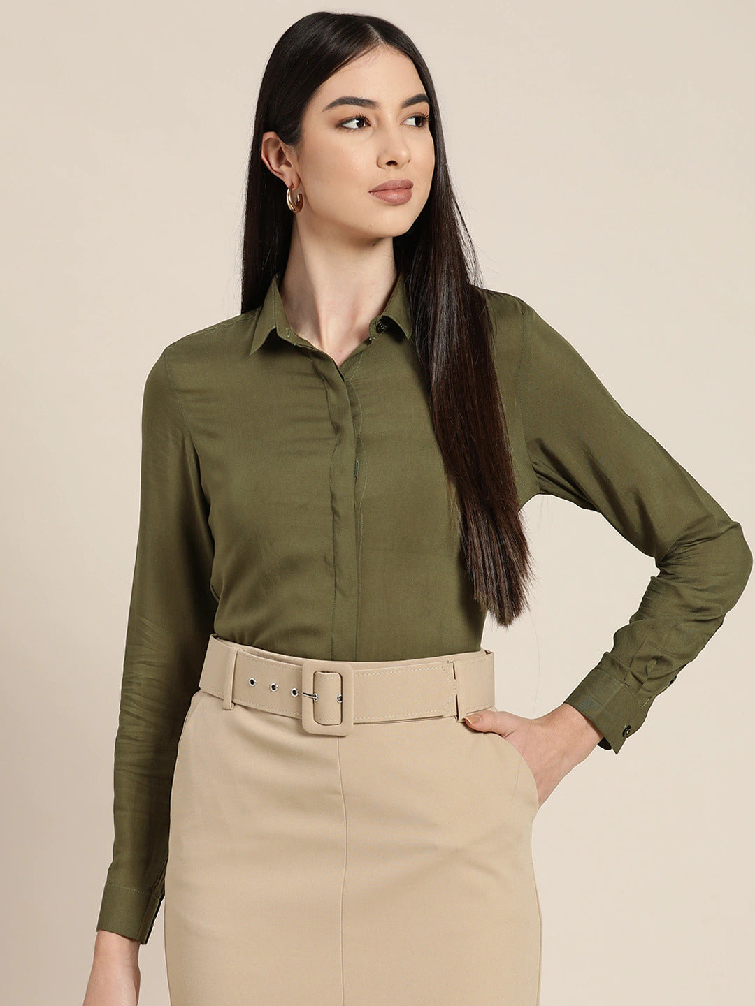 Women Olive Solids Viscose Rayon Slim Fit Formal Shirt