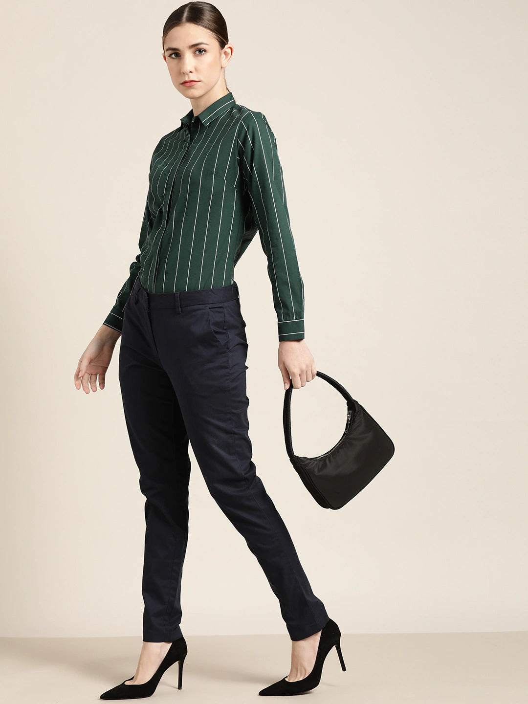 Women Bottle Green Striped Pure Cotton Slim Fit Formal Shirt