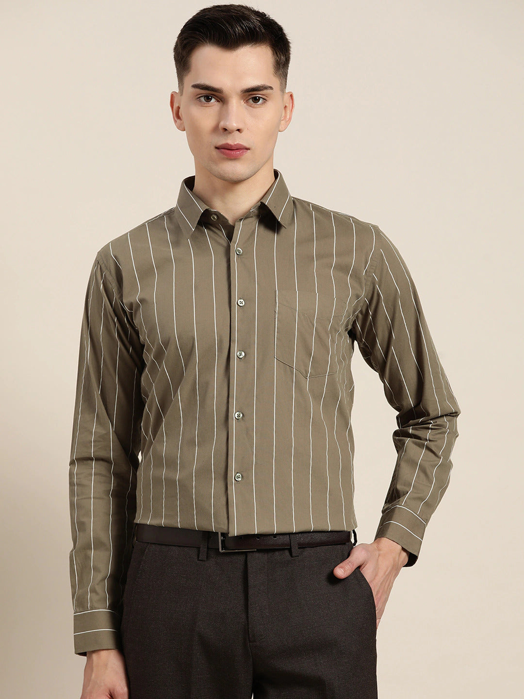 Men Olive Stripes Pure Cotton Slim Fit Formal Shirt