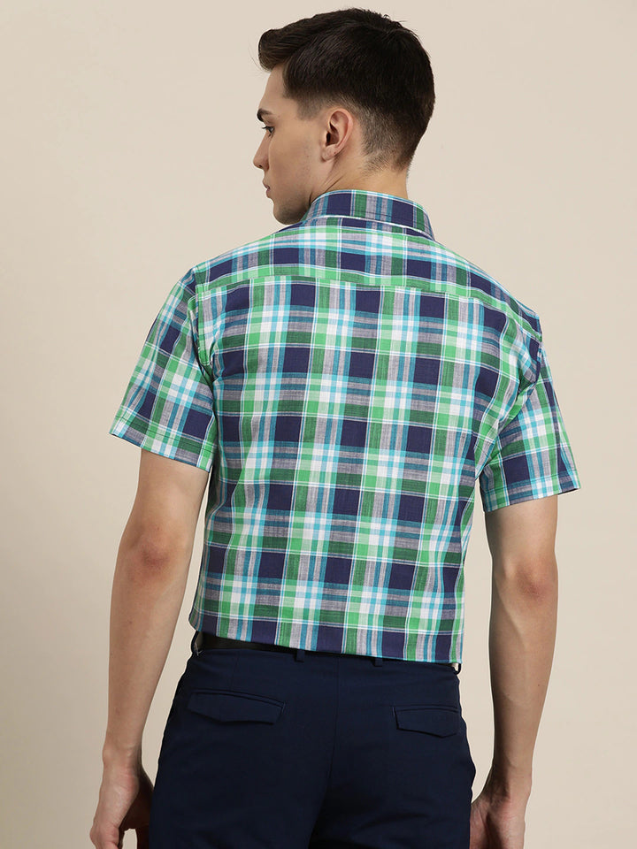 Men Navy & Green Checks Pure Cotton Slim Fit Formal Shirt