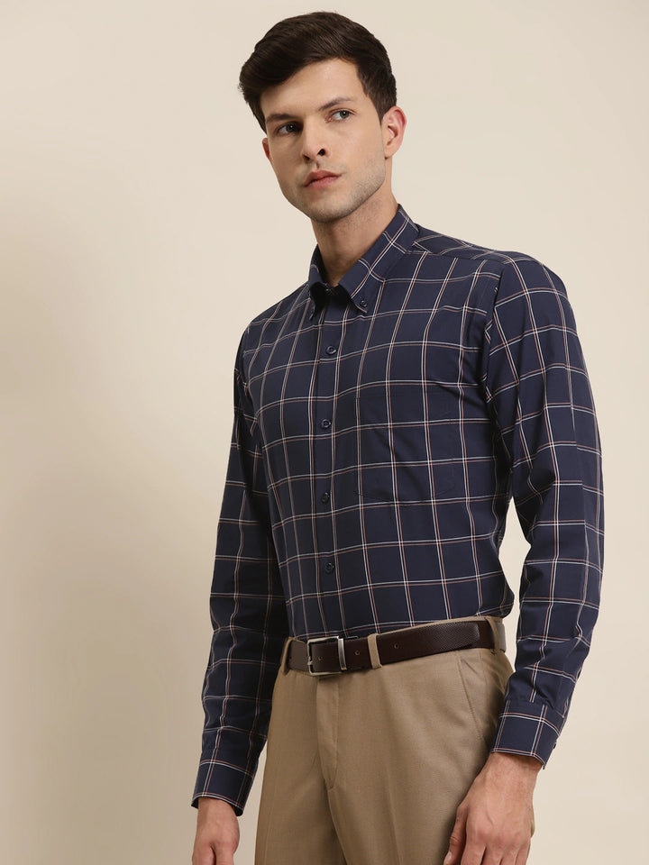 Men Navy Checks Button Down Collar Pure Cotton Slim Fit Formal Shirt