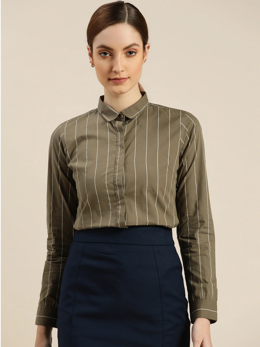 Women Olive Striped Pure Cotton Slim Fit Formal Shirt
