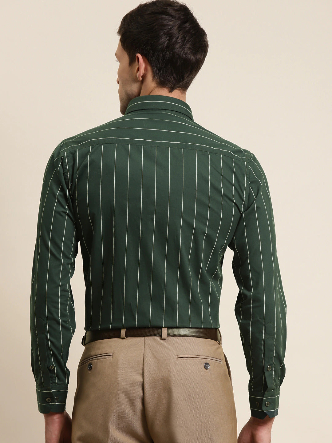 Men Bottle Green Stripes Pure Cotton Slim Fit Formal Shirt