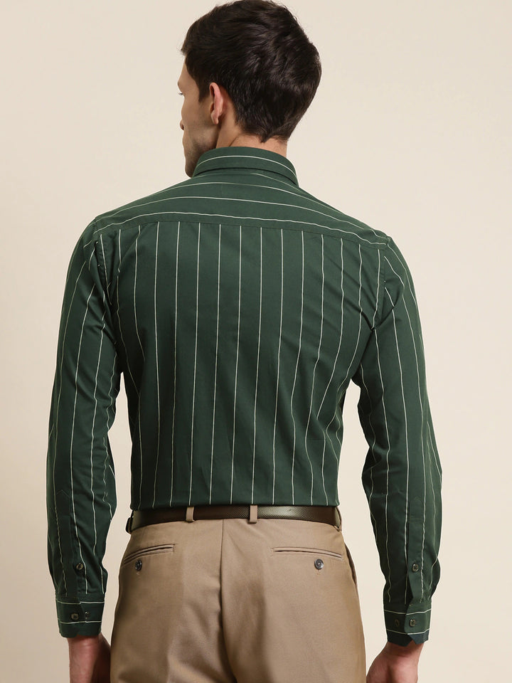 Men Bottle Green Stripes Pure Cotton Slim Fit Formal Shirt