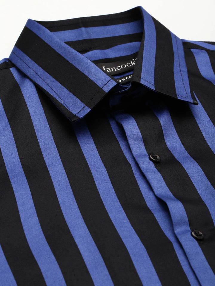 Men Black & Blue Stripes Pure Cotton Slim Fit Formal Shirt
