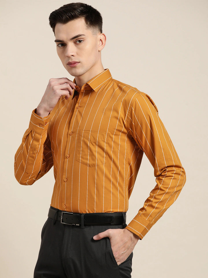 Men Mustard Stripes Pure Cotton Slim Fit Formal Shirt