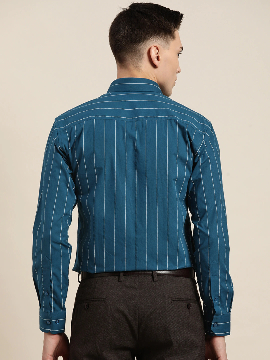 Men Turquoise Blue Stripes Pure Cotton Slim Fit Formal Shirt