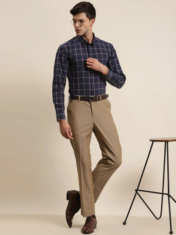 Men Navy Checks Button Down Collar Pure Cotton Slim Fit Formal Shirt