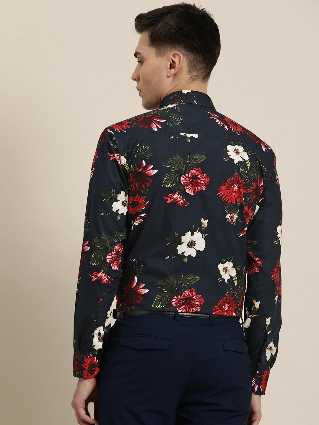 Men Navy & Red Prints Pure Cotton Slim Fit Formal Shirt