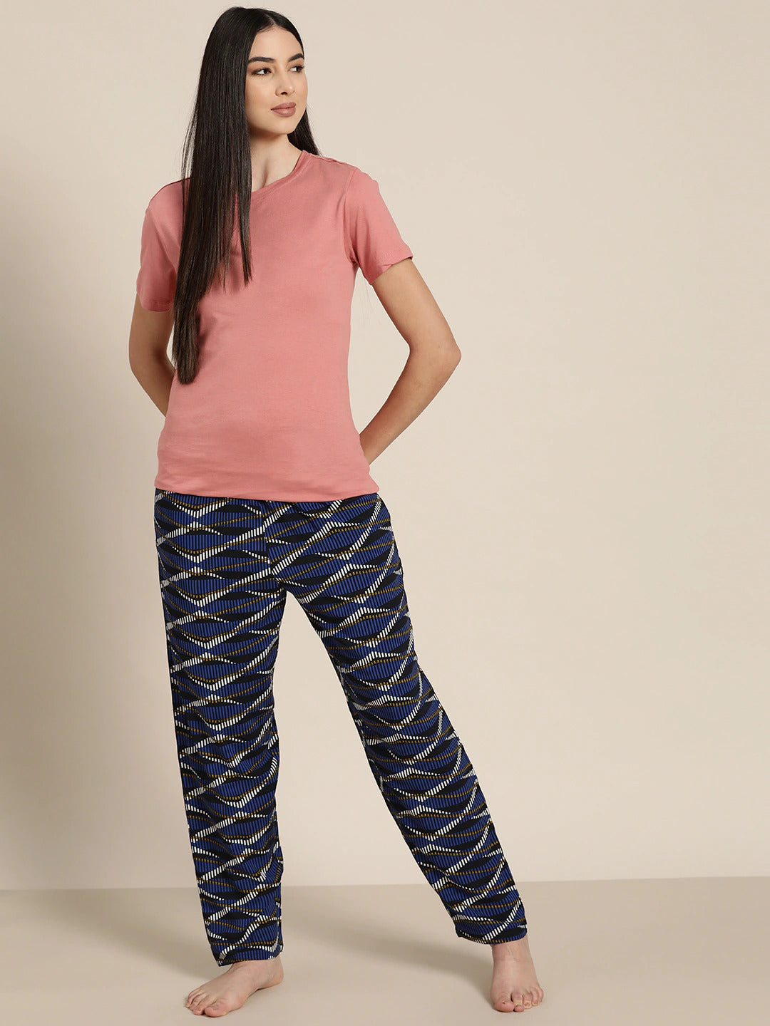Women Navy & Blue Printed Viscose Rayon Relaxed Fit Casual Lounge Pant