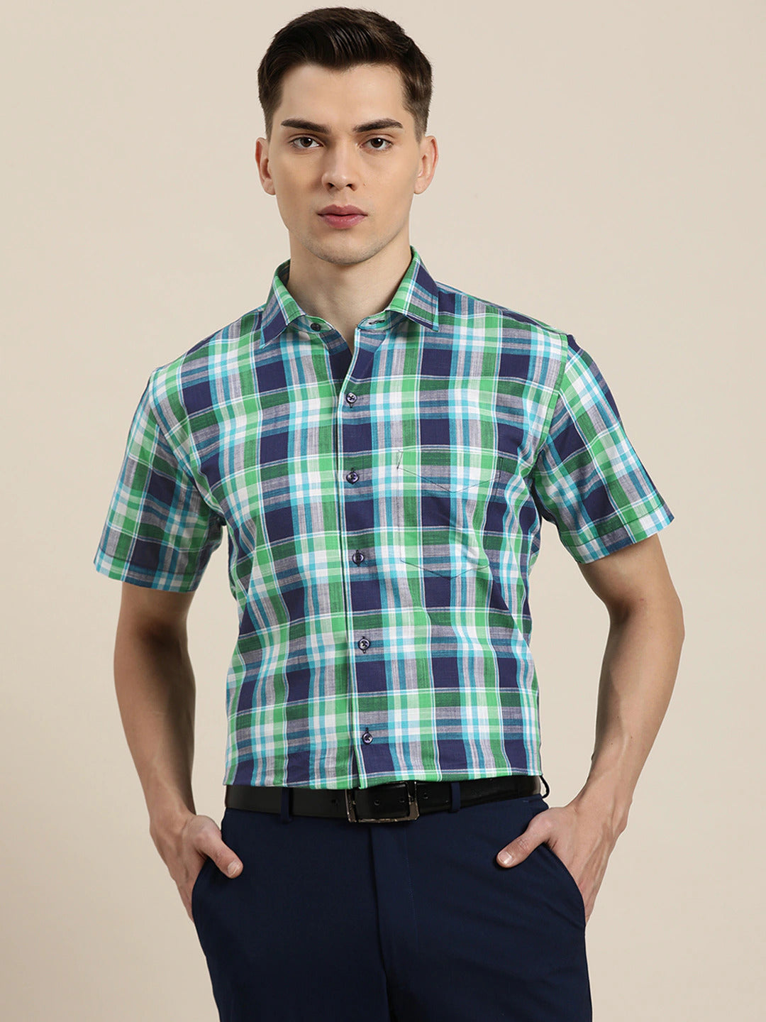 Men Navy & Green Checks Pure Cotton Slim Fit Formal Shirt
