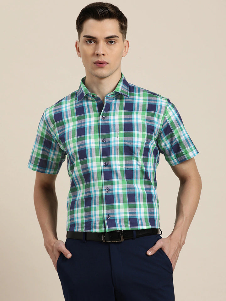 Men Navy & Green Checks Pure Cotton Slim Fit Formal Shirt