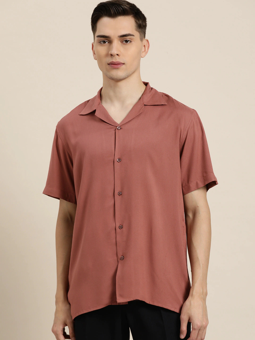 Men Rust Solid Viscose Rayon Relaxed Fit Casual Resort Shirt