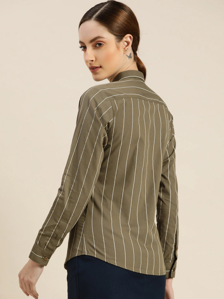 Women Olive Striped Pure Cotton Slim Fit Formal Shirt