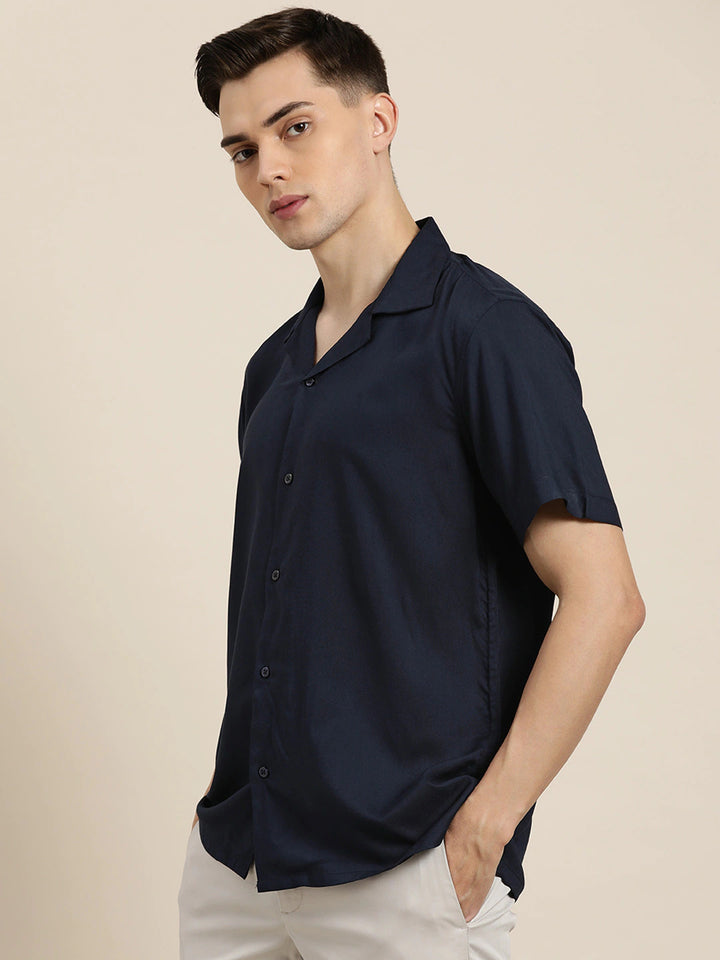 Men Navy Solid Viscose Rayon Relaxed Fit Casual Resort Shirt