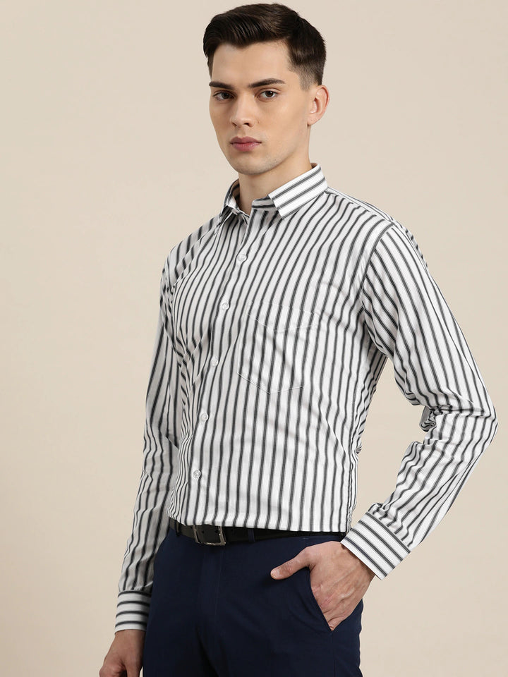 Men White & Grey Stripes Pure Cotton Slim Fit Formal Shirt