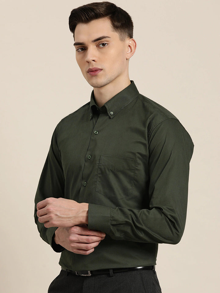 Men Olive Solid Button Down Collar Pure Cotton Regular Fit Formal Shirt