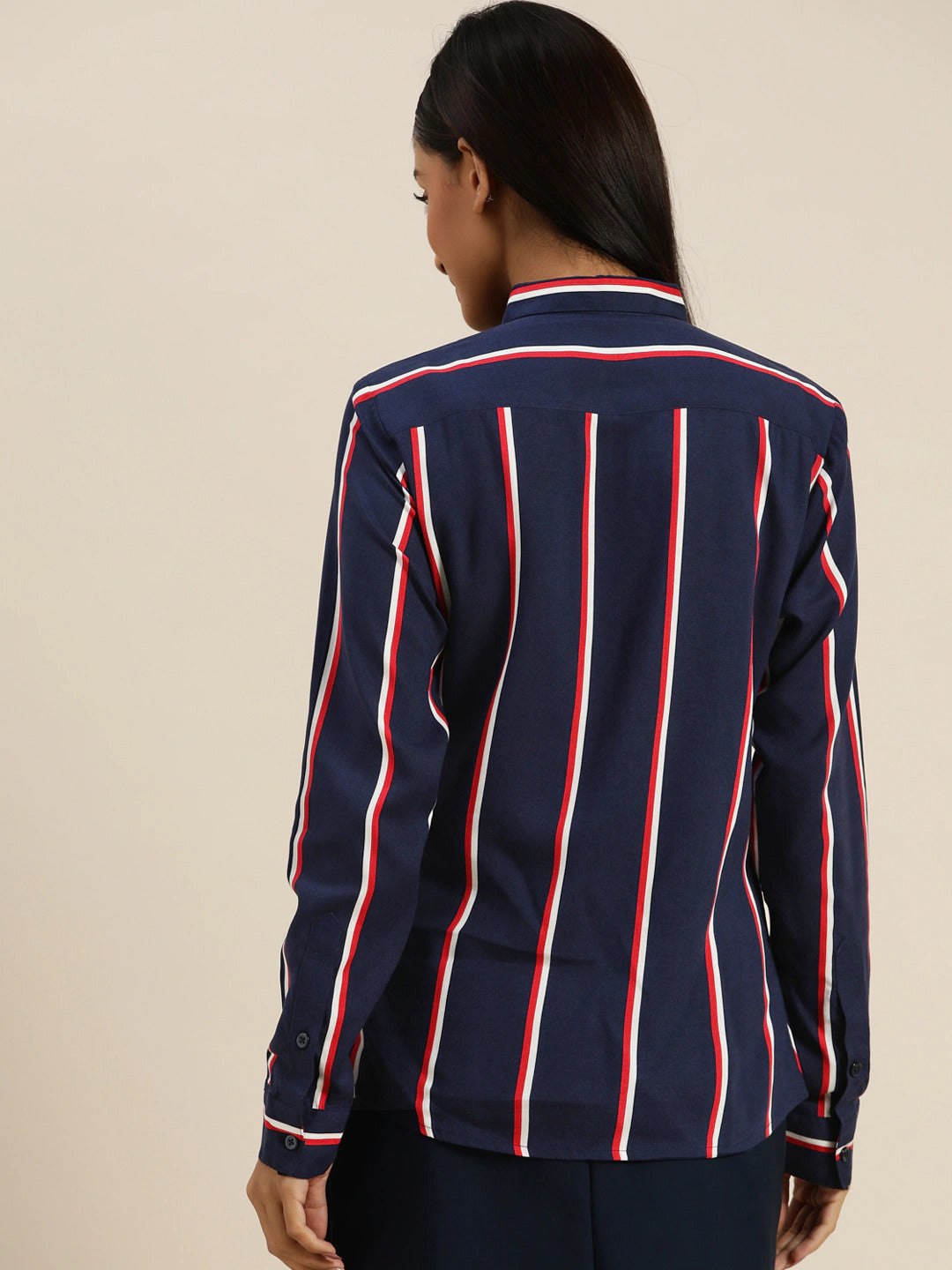 Women Navy & Red Striped Viscose Rayon Slim Fit Formal Shirt