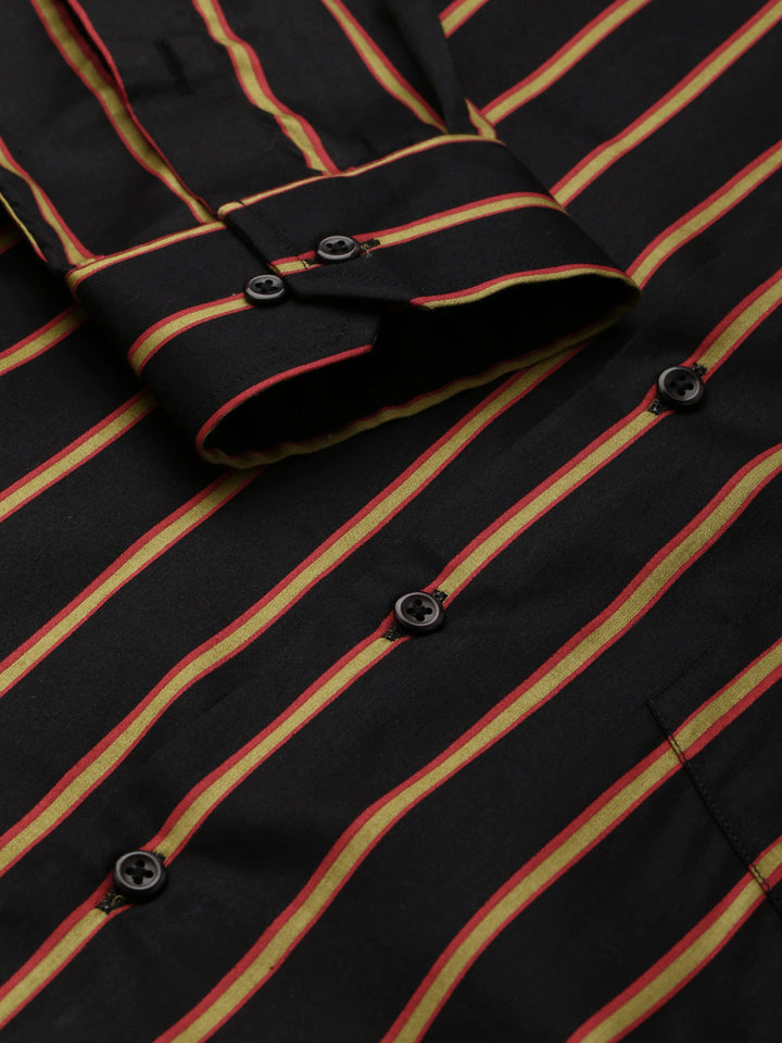 Men Black & Mustard Stripes Pure Cotton Slim Fit Formal Shirt