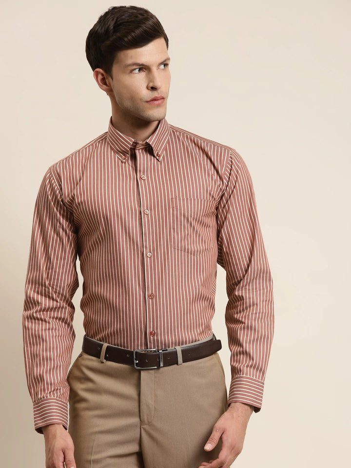 Men Maroon Stripes Button Down Collar Pure Cotton Slim Fit Formal Shirt