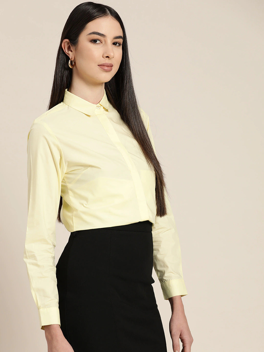 Women Lemon Solids Pure Cotton Slim Fit Formal Shirt