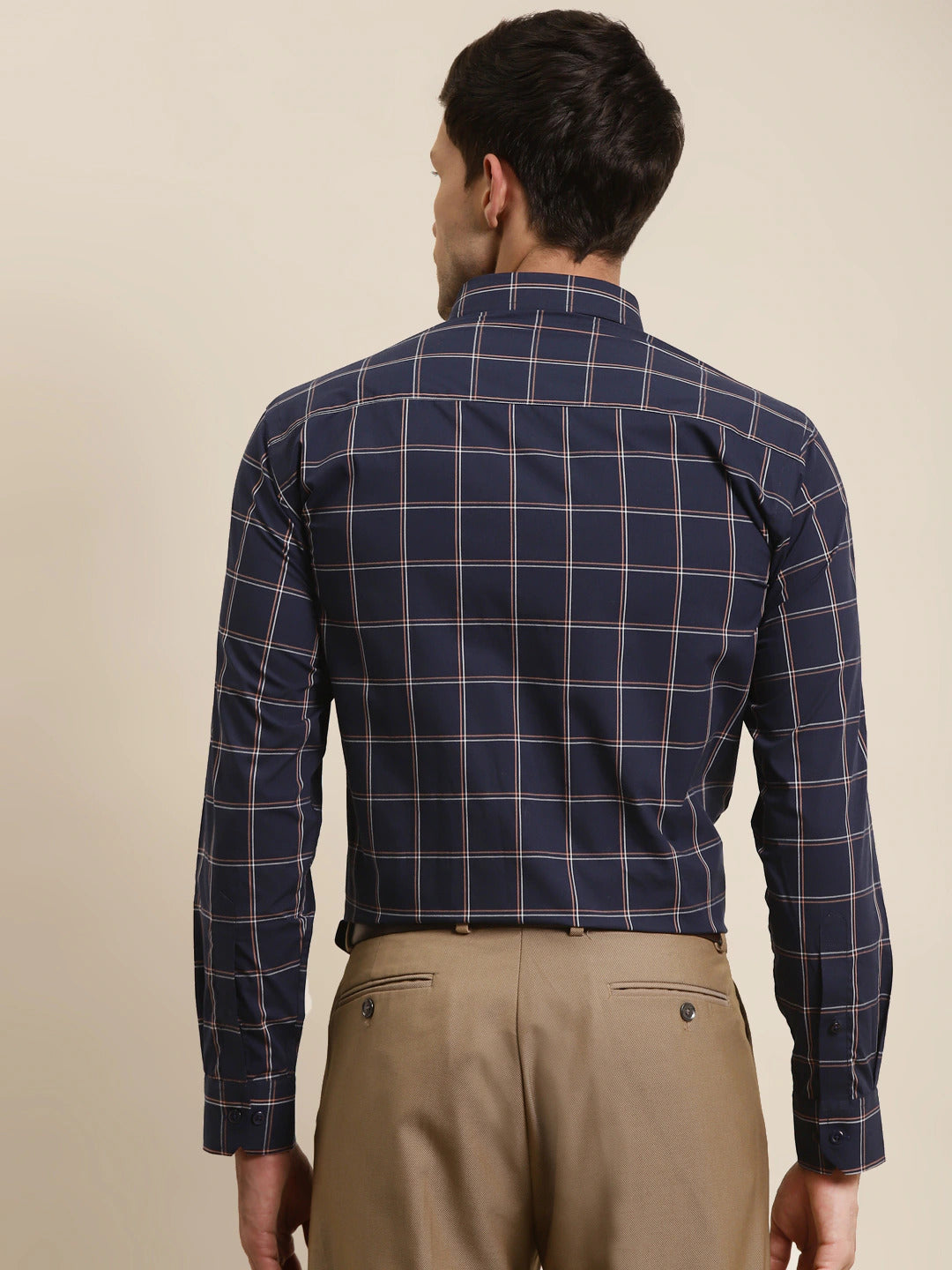 Men Navy Checks Button Down Collar Pure Cotton Slim Fit Formal Shirt