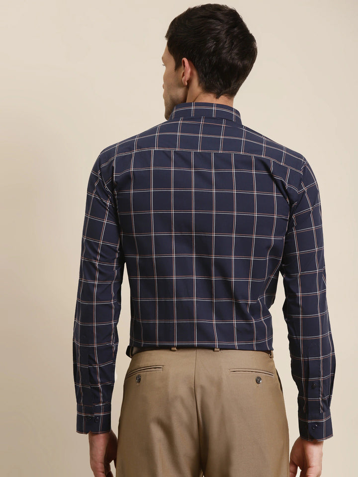Men Navy Checks Button Down Collar Pure Cotton Slim Fit Formal Shirt
