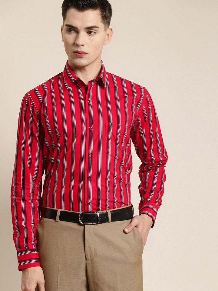 Men Red Stripes Pure Cotton Slim Fit Formal Shirt