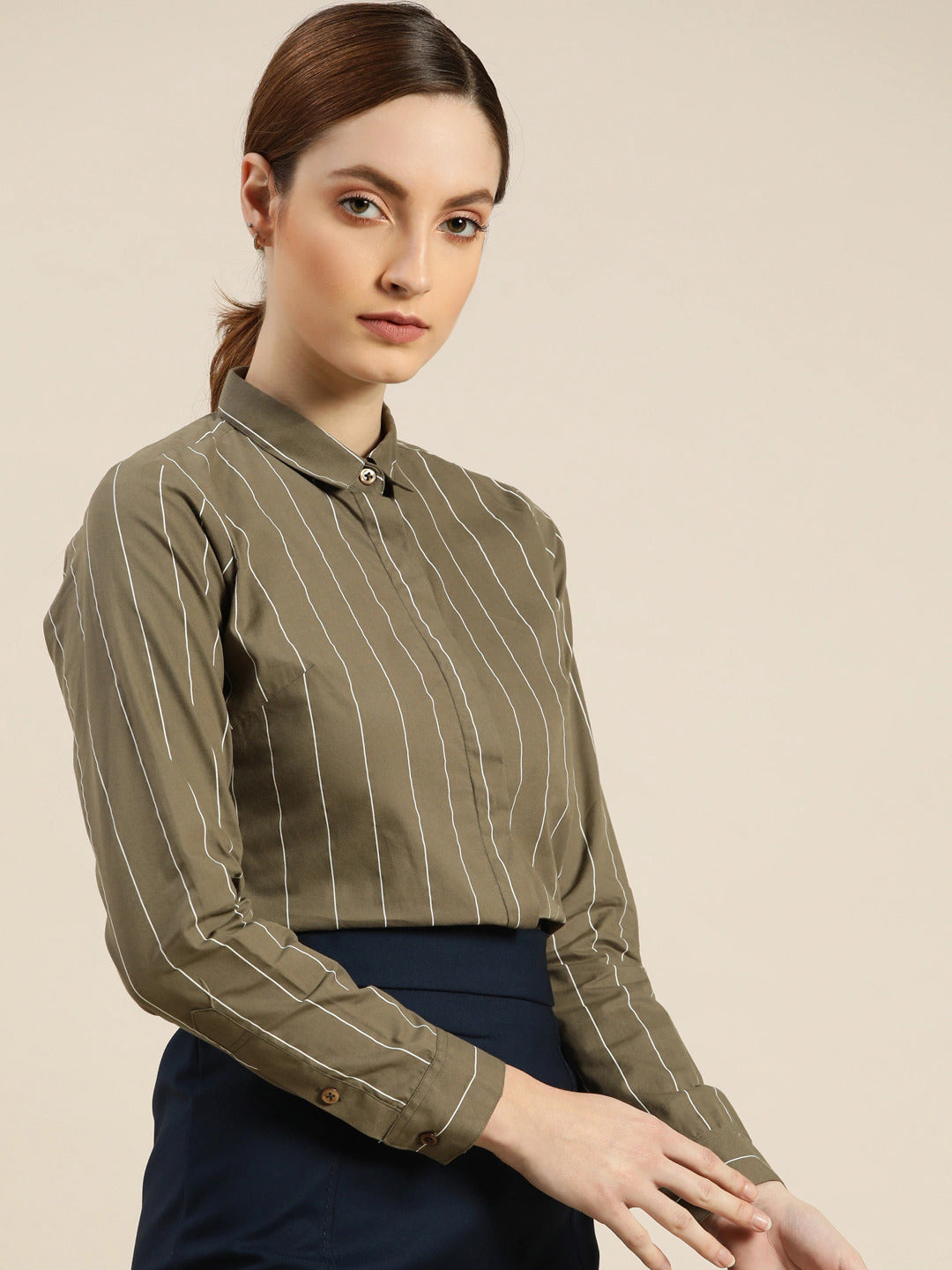 Women Olive Striped Pure Cotton Slim Fit Formal Shirt