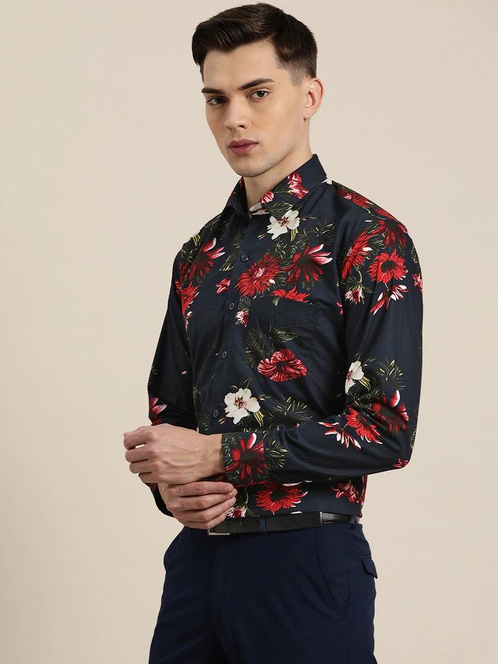 Men Navy & Red Prints Pure Cotton Slim Fit Formal Shirt