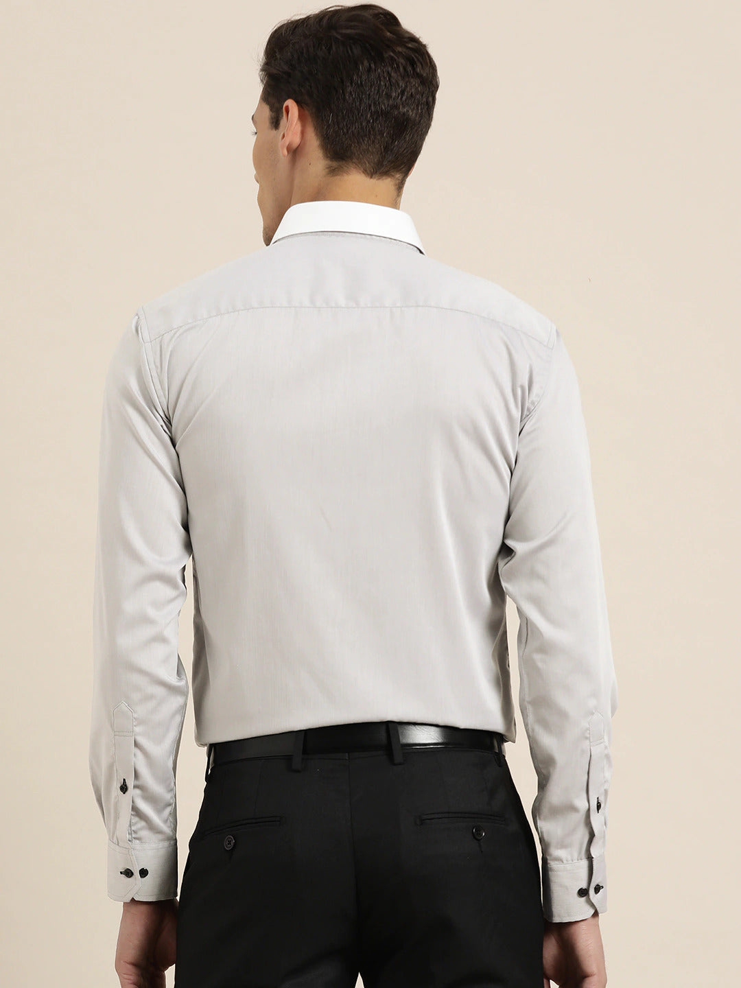 Men Grey Solid White Collar Pure Cotton Slim Fit Formal Shirt