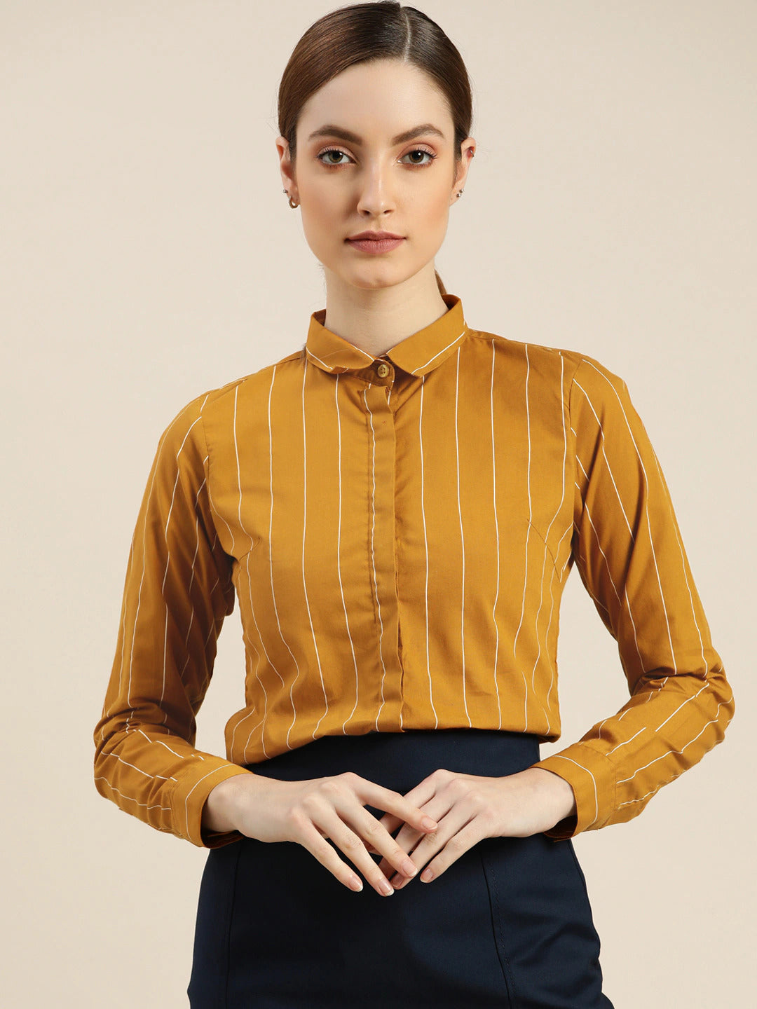 Women Mustard Striped Pure Cotton Slim Fit Formal Shirt
