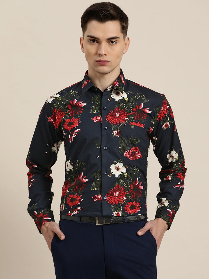 Men Navy & Red Prints Pure Cotton Slim Fit Formal Shirt