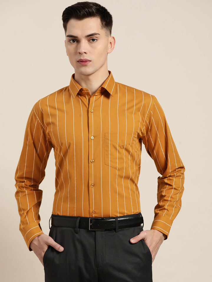 Men Mustard Stripes Pure Cotton Slim Fit Formal Shirt