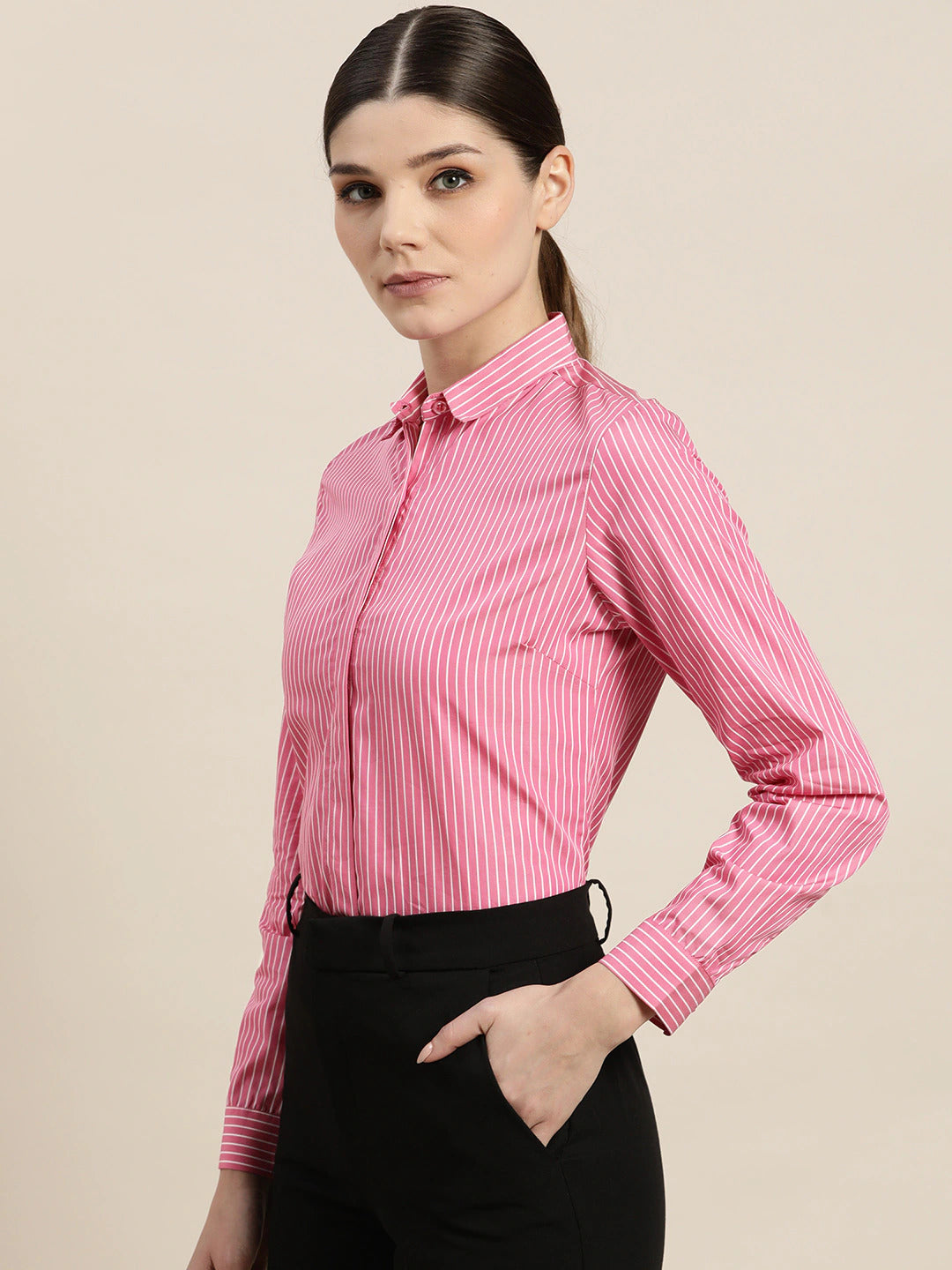 Women Pink Striped Pure Cotton Slim Fit Formal Shirt