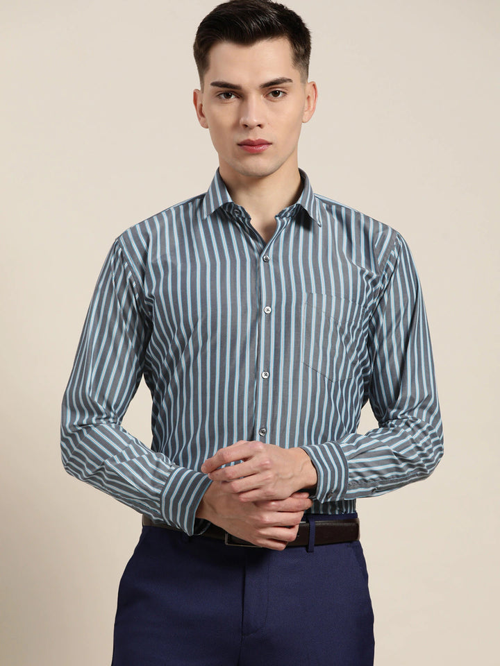 Men Navy & Blue Stripes Pure Cotton Slim Fit Formal Shirt