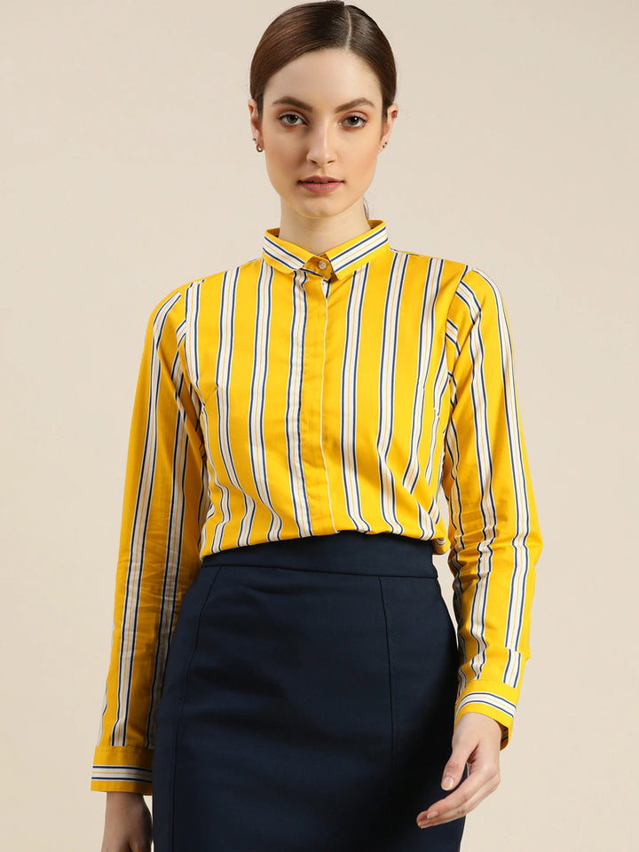 Women Yellow Striped Pure Cotton Slim Fit Formal Shirt