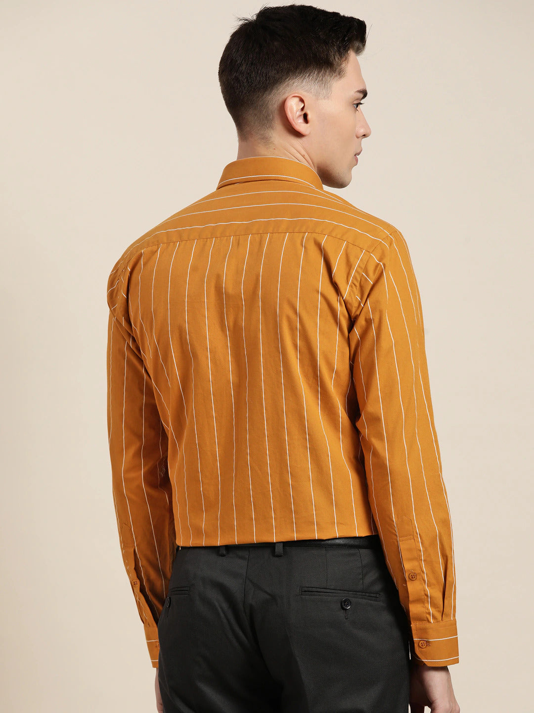 Men Mustard Stripes Pure Cotton Slim Fit Formal Shirt