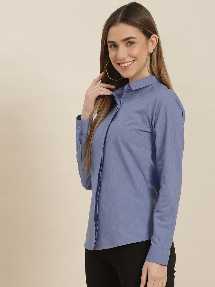 Women Blue Solid Chambray Self Design Cotton Slim Fit Formal Shirt