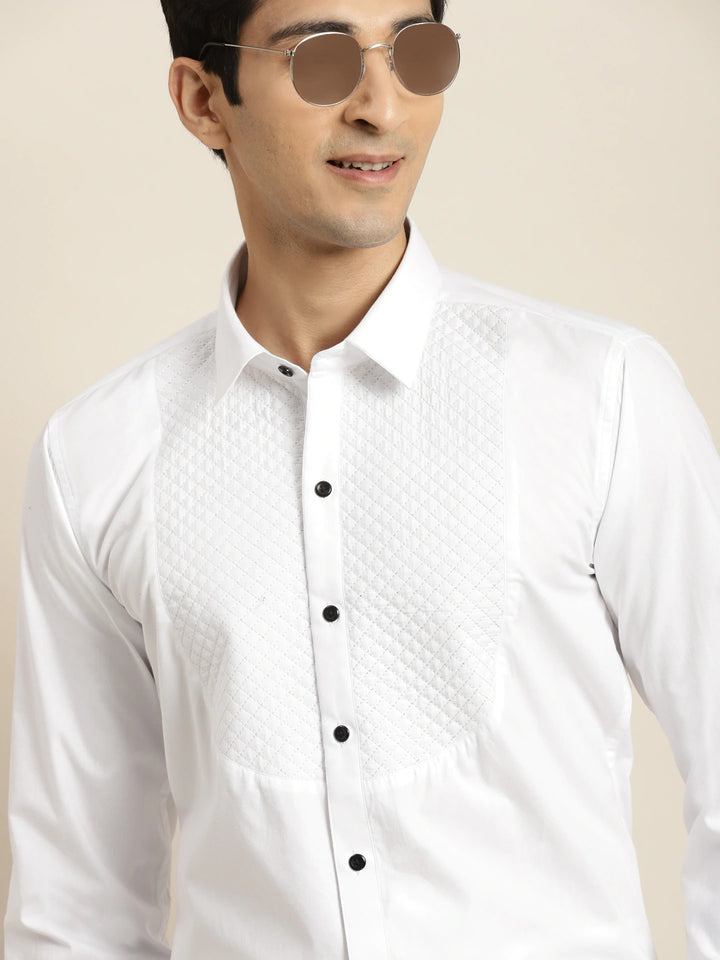 Men White Solid Tuxedo Quilted Pure Cotton Slim Fit Formal Shirt