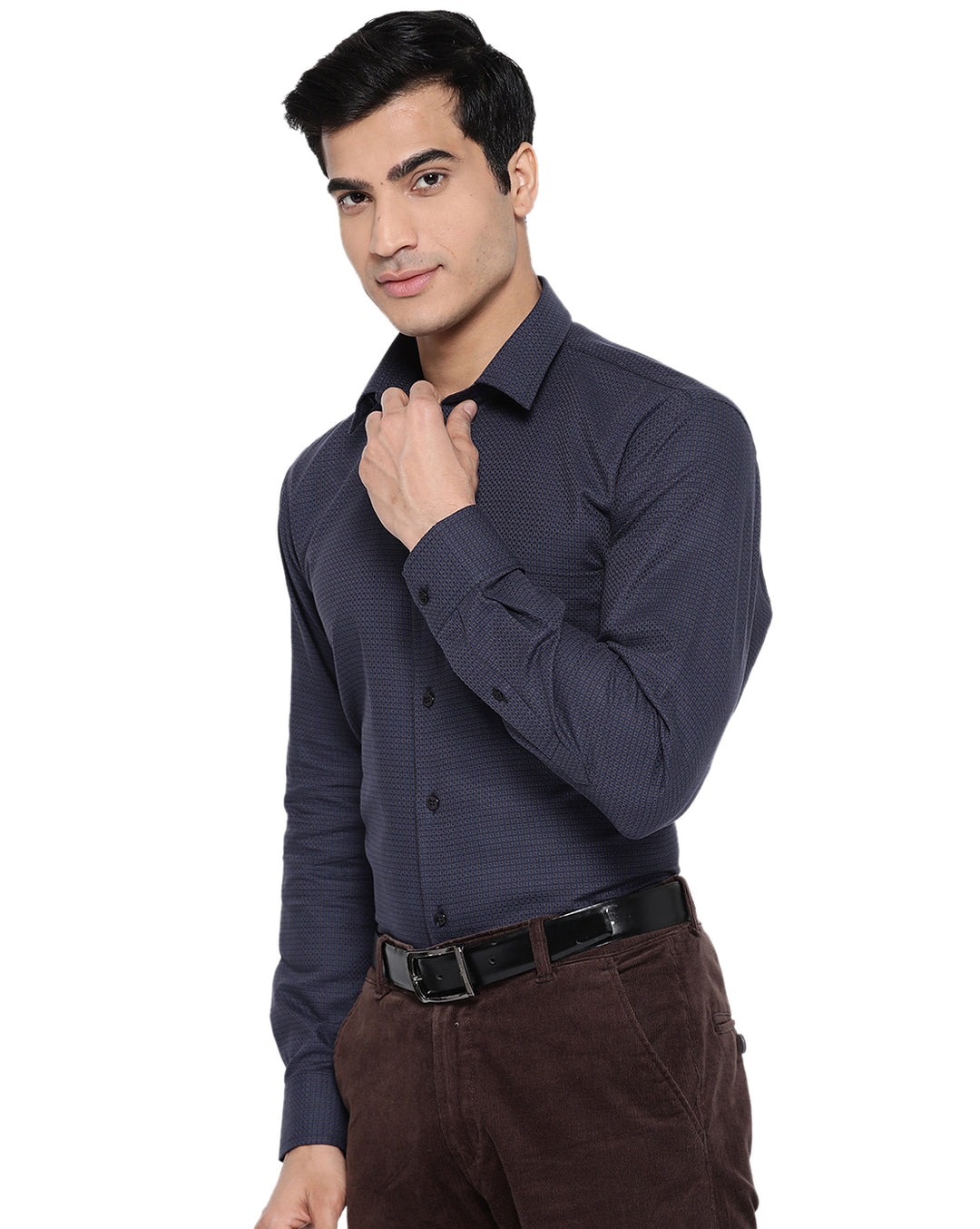 Men Navy Cotton Self Design Slim Fit Formal Shirt